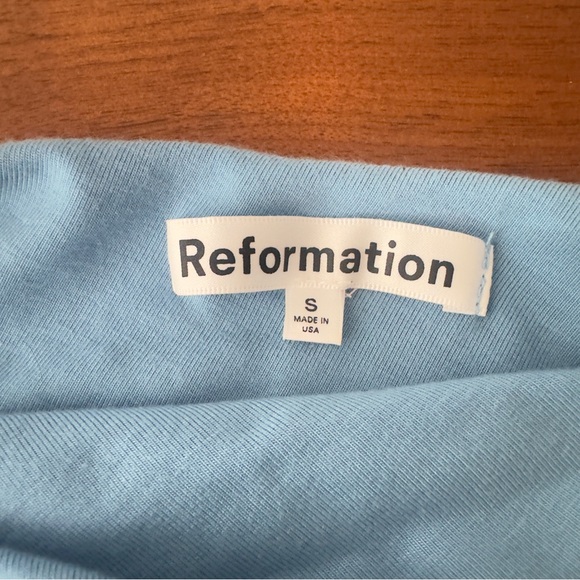 Reformation Women’s Sky Blue Off-Shoulder Dress Gold Ring Accents Size Small - Picture 5 of 9